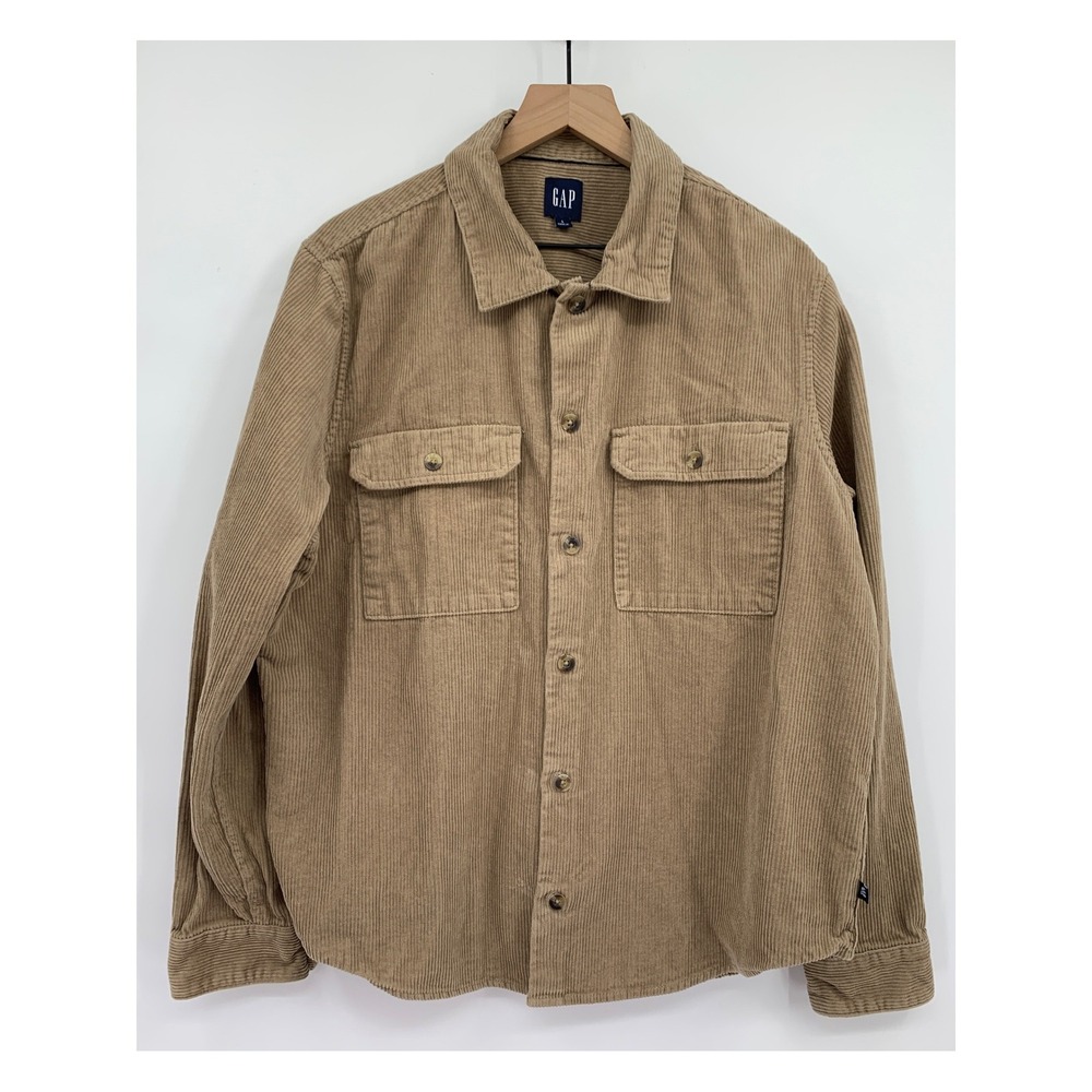 GAP Corduroy‎ Shirt Mens Large Tan Shacket Long Sleeve Button Up Pocket Workwear